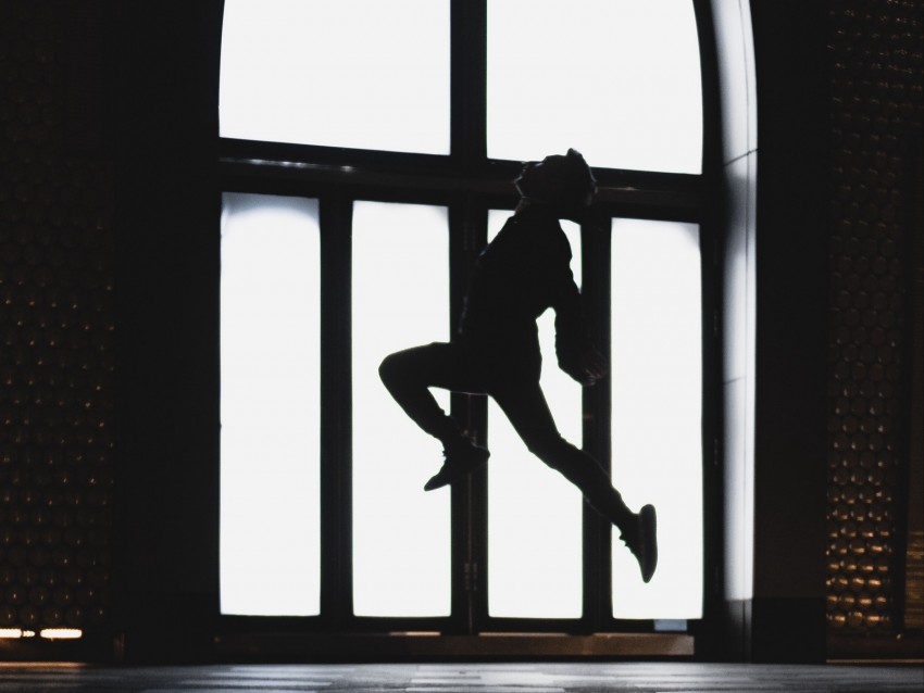 silhouette, jump, dark, window, light