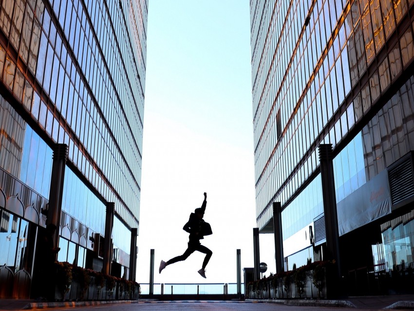 silhouette, jump, night, buildings