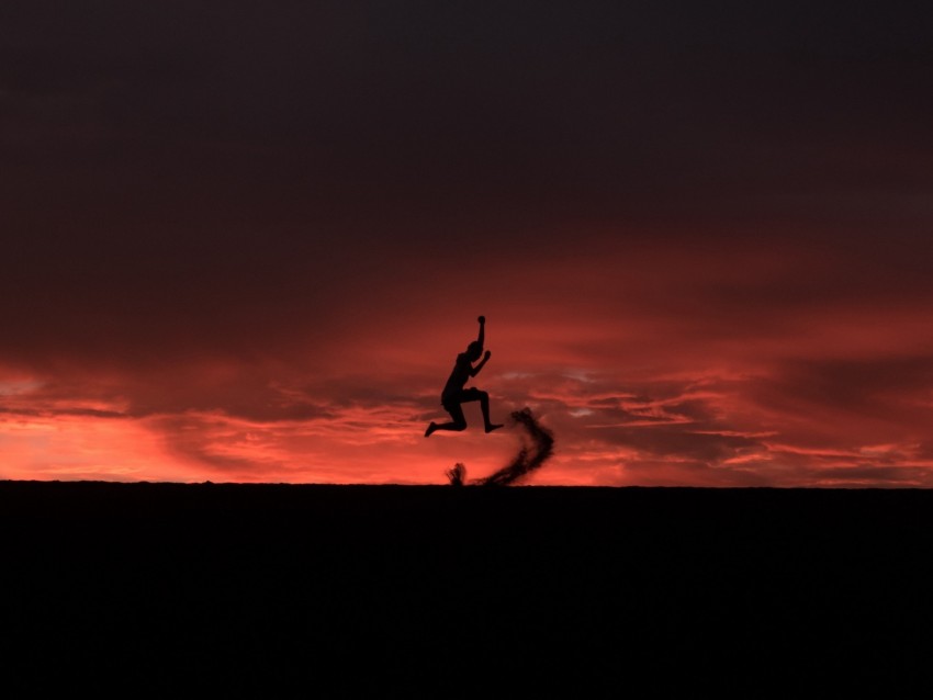 silhouette, jump, sunset, night