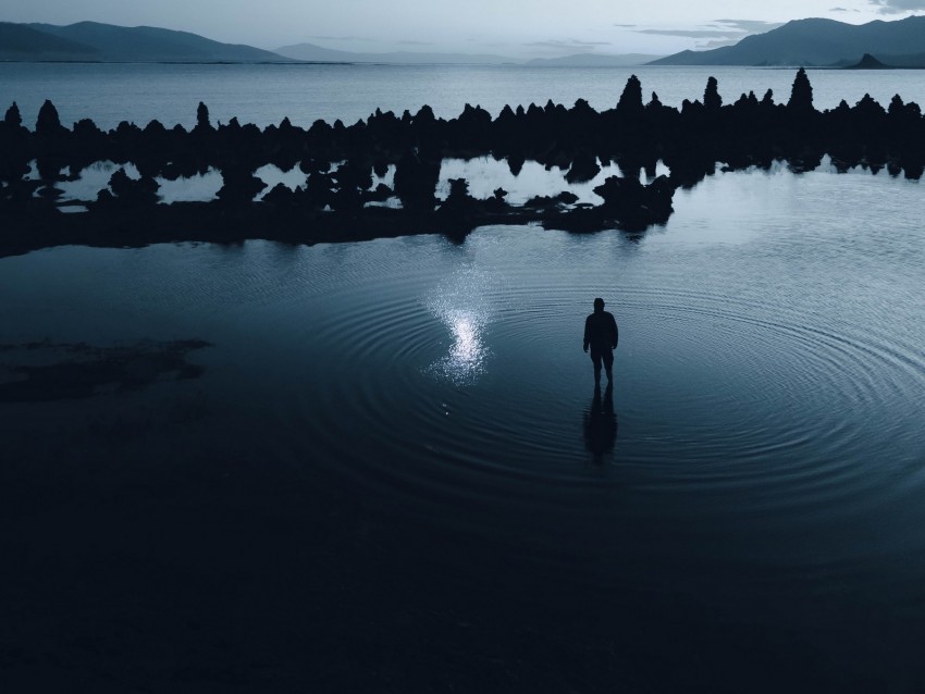 silhouette, lake, night, dark, landscape