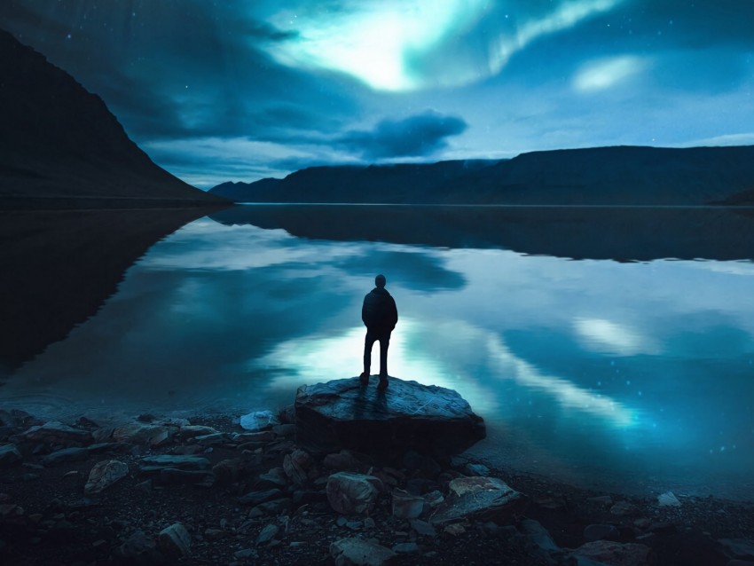 Silhouette Lake Night Loneliness Moon Moonlight Background