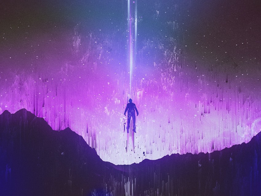 silhouette, levitation, glitch, mountains, night