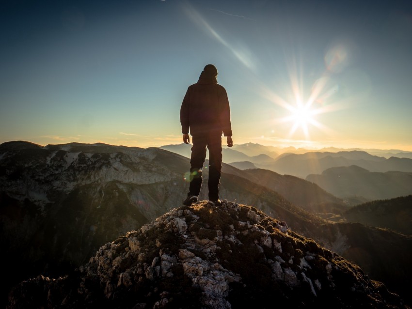 Silhouette Mountains Sunlight Peaks Dawn Glare Background