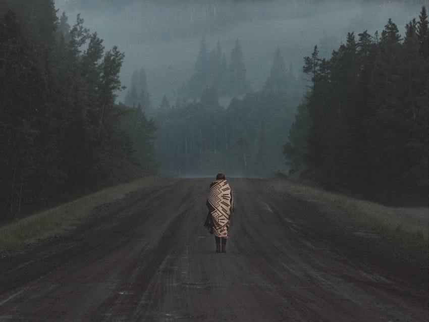 silhouette, road, mountains, fog, forest