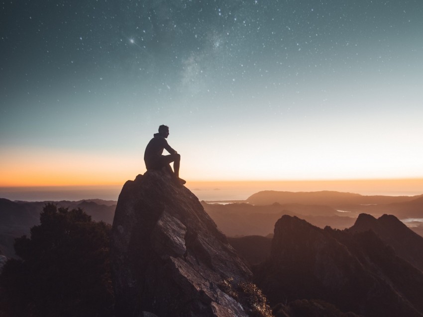 silhouette, rocks, starry sky, milky way