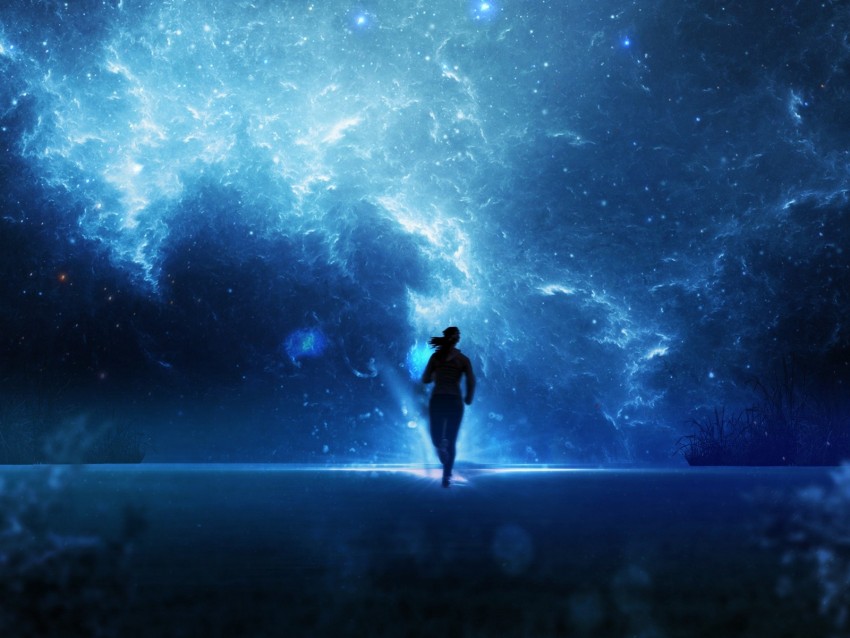 silhouette, space, running, dark, blue