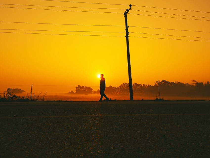 silhouette, sunset, pole, wires, walk