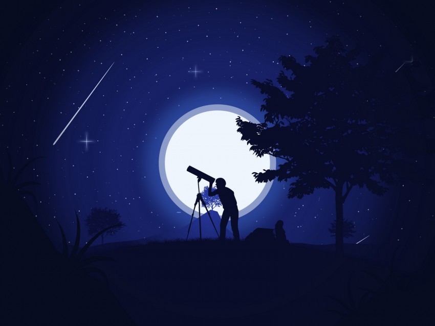 silhouette, telescope, night, stars, art, vector