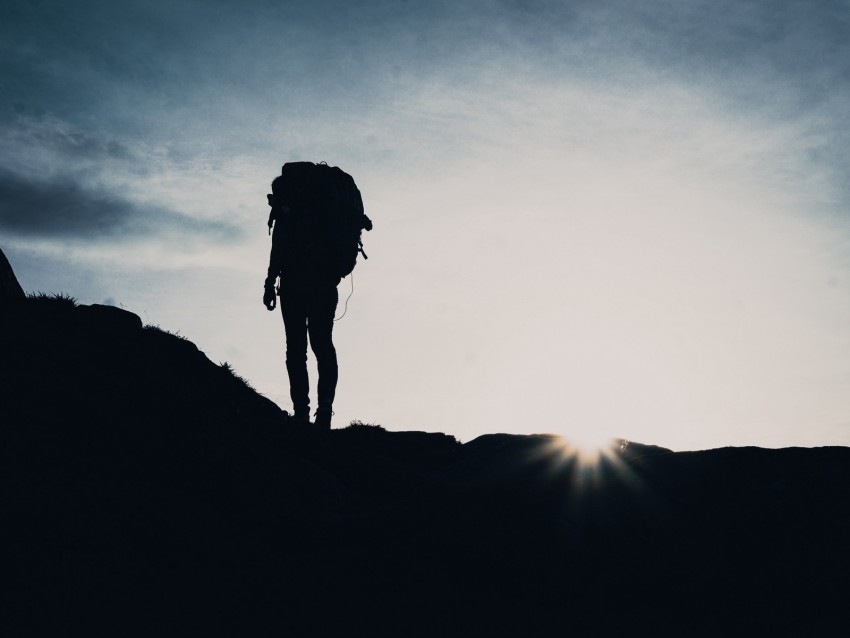 silhouette, tourist, hill, backpack