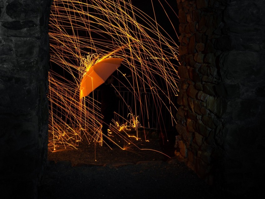 silhouette, umbrella, sparks, arch, dark