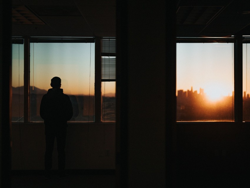 silhouette, window, sunset, loneliness, solitude