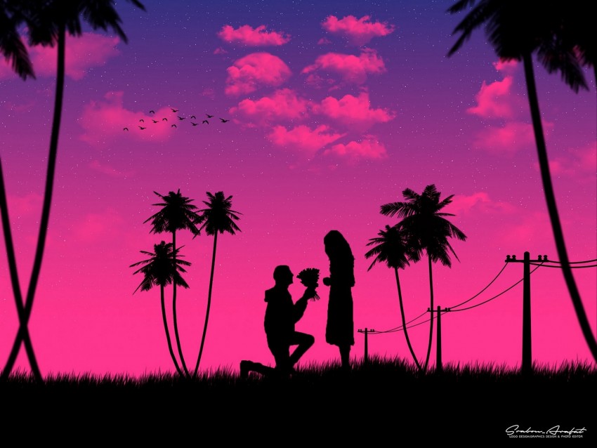 silhouettes, love, couple, romance, night, art