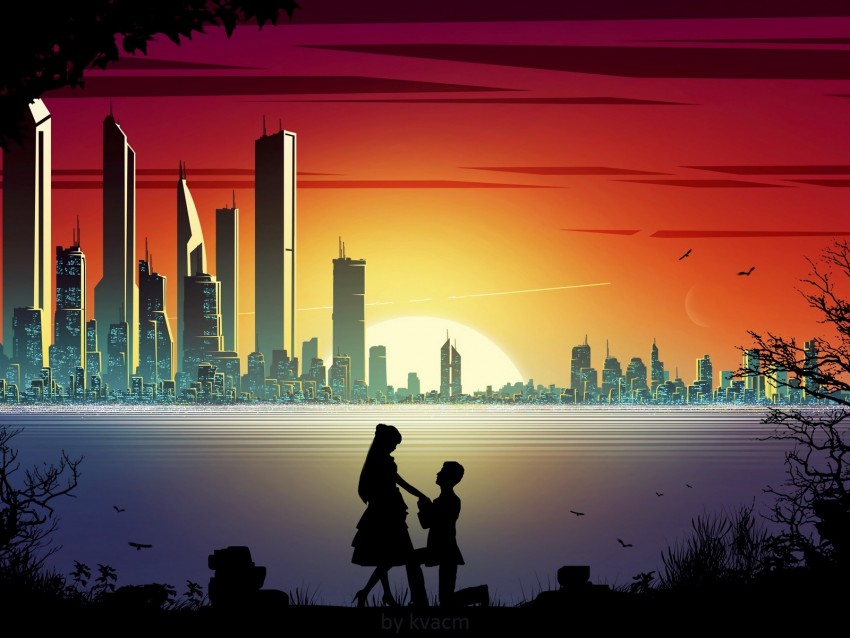 Silhouettes Love Romance City Sunset Art Background