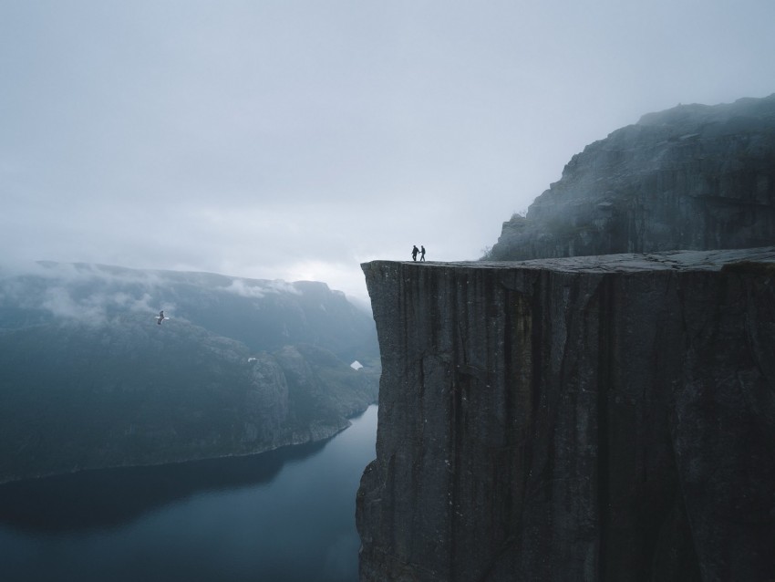 silhouettes, rock, cliff, lake, mist