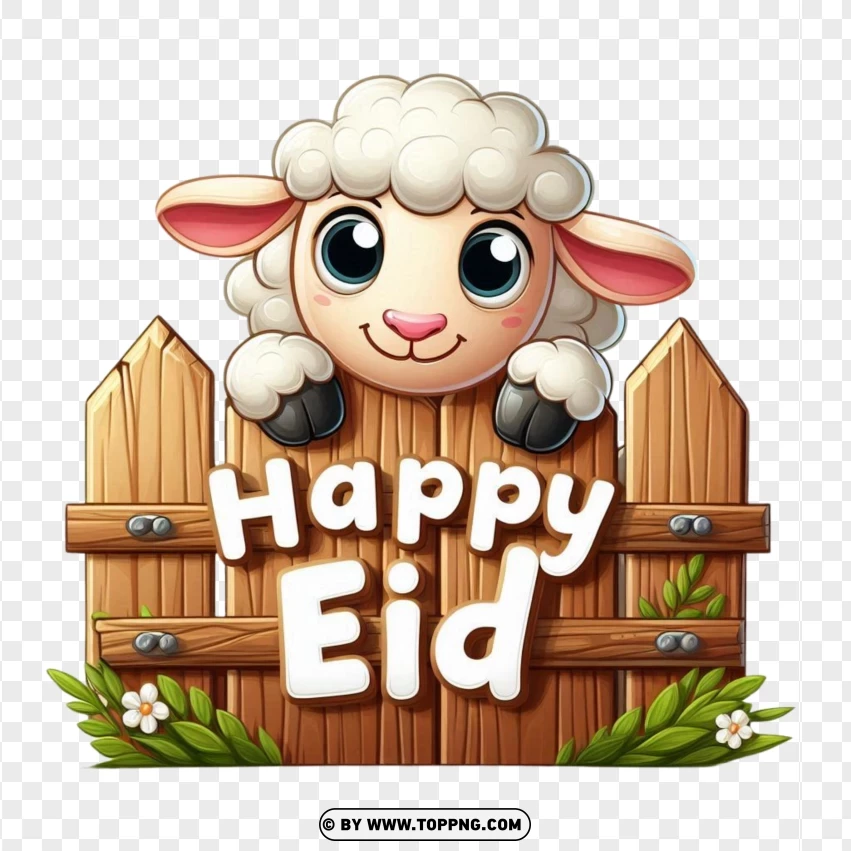 Happy Eid With 3d Kawaii Cartoon Character Sheep Behind A Fence PNG Transparent Background