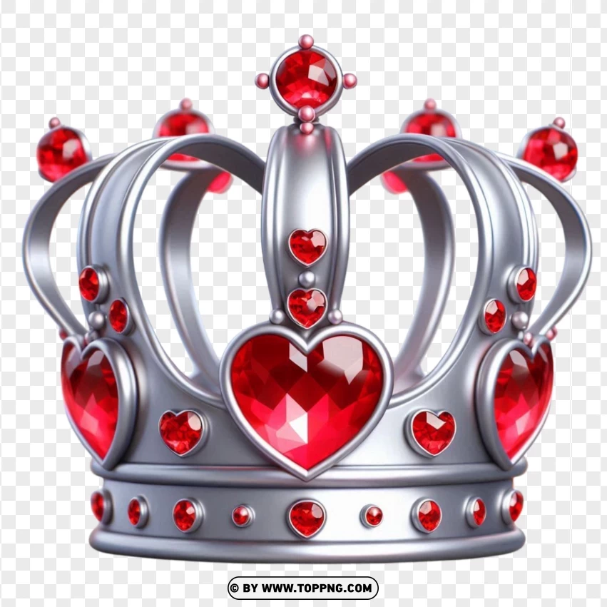 Silver Crown With Red Heart Gems PNG Transparent Background