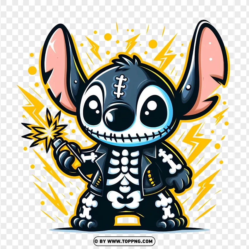 Stitch character in a spooky Halloween skeleton costume holding a sparkler, with lightning effects in the background