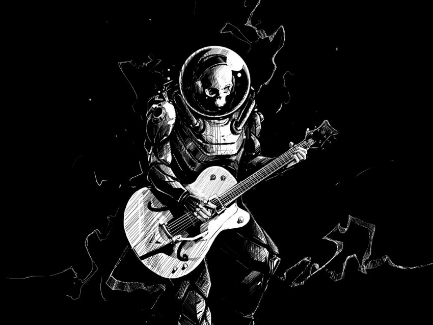 Skeleton Guitar Bw Guitarist Spacesuit Art Background