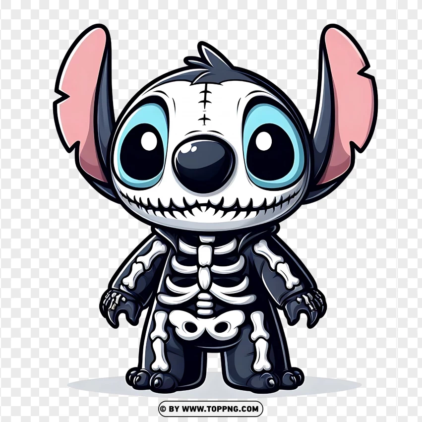 Stitch character in a Halloween skeleton costume with large ears and blue eyes on a transparent background