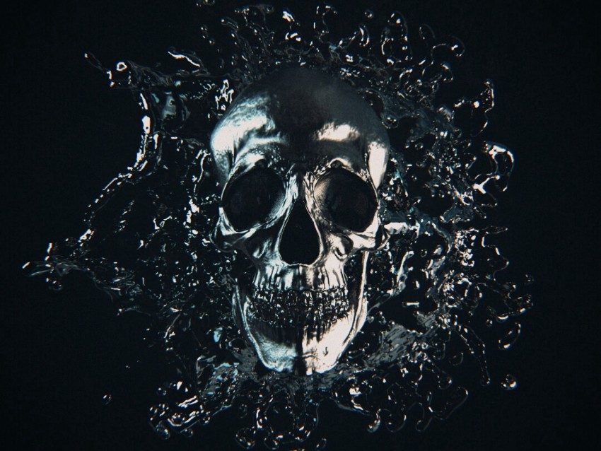 skull art, water splash, dark background, contemporary design, digital illustration