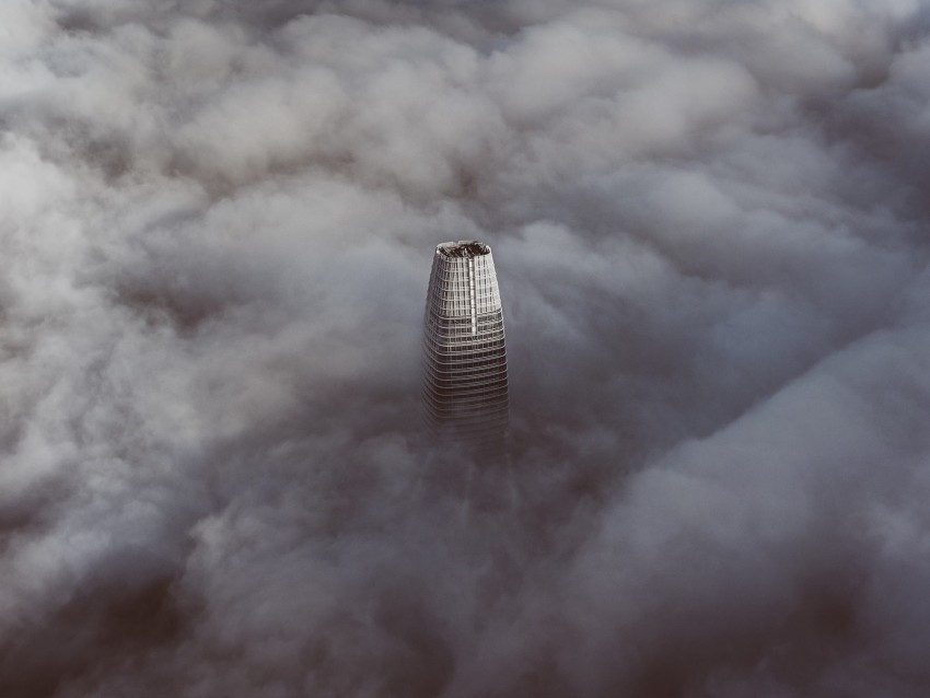 skyscraper, clouds, aerial view, building, top, height