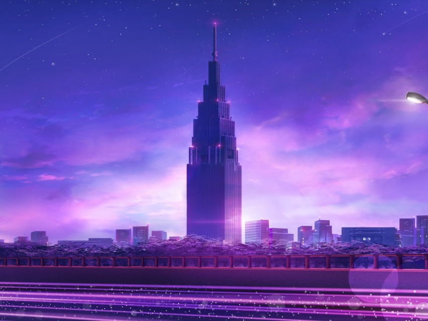 Skyscraper Tower Art City Architecture Purple Background