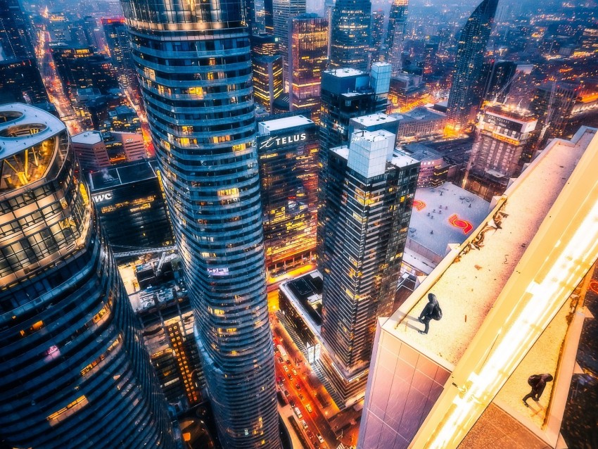 skyscrapers, aerial view, night city, roof, toronto