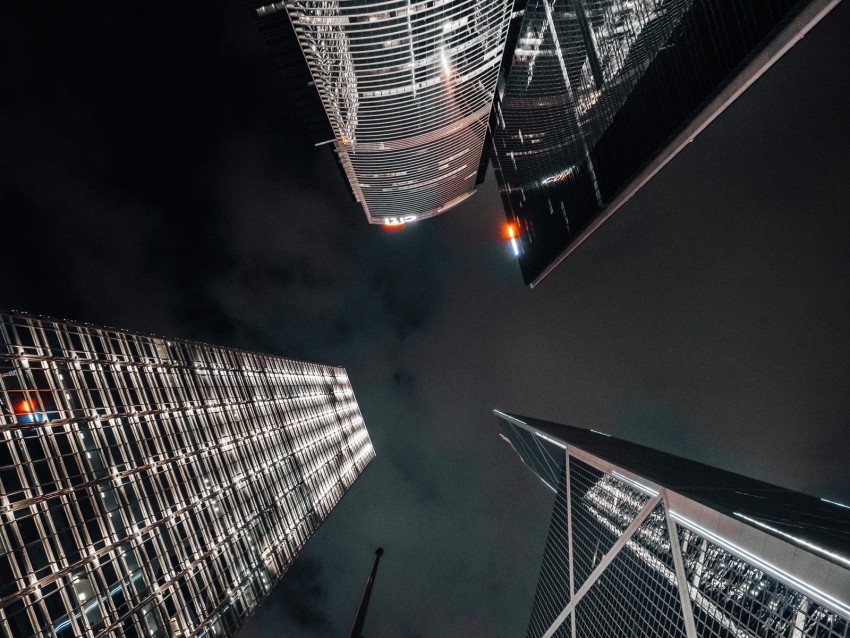 skyscrapers, bottom view, architecture, night, dark