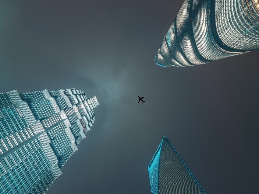 skyscrapers, bottom view, plane, minimalism