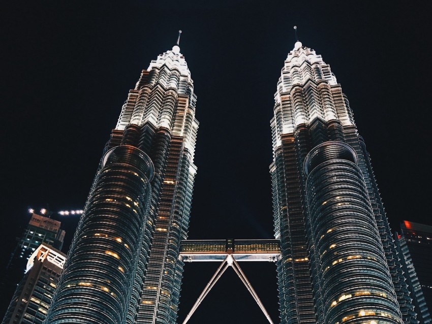 skyscrapers, bottom view, towers, architecture, lighting, metropolis