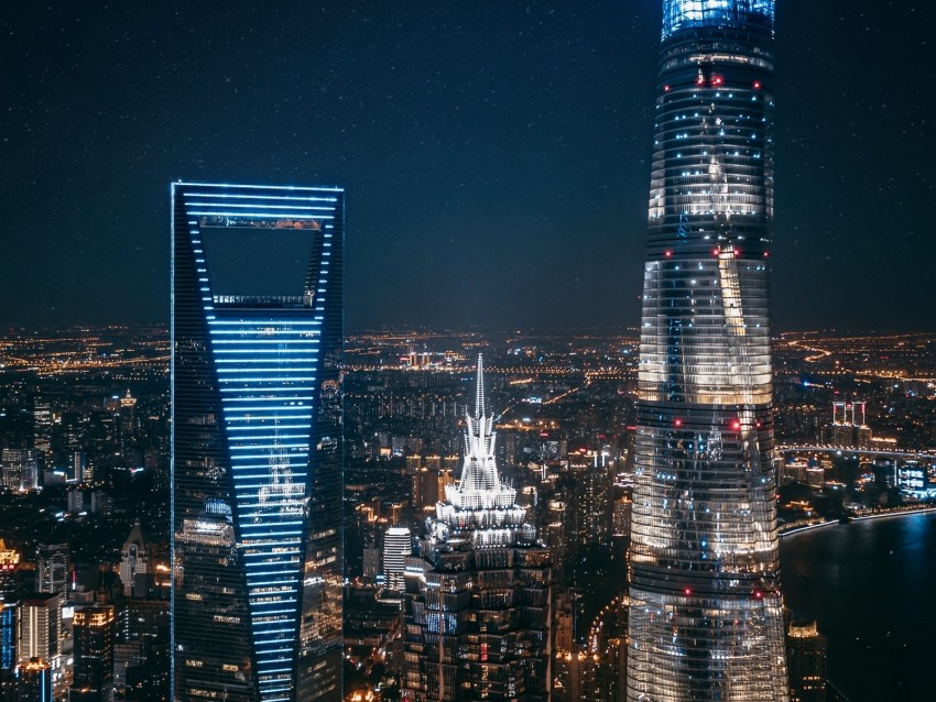 Skyscrapers Night City City Lights Aerial View Megalopolis Background