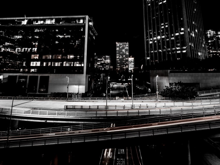 skyscrapers, road, road junction, night, lights, urban