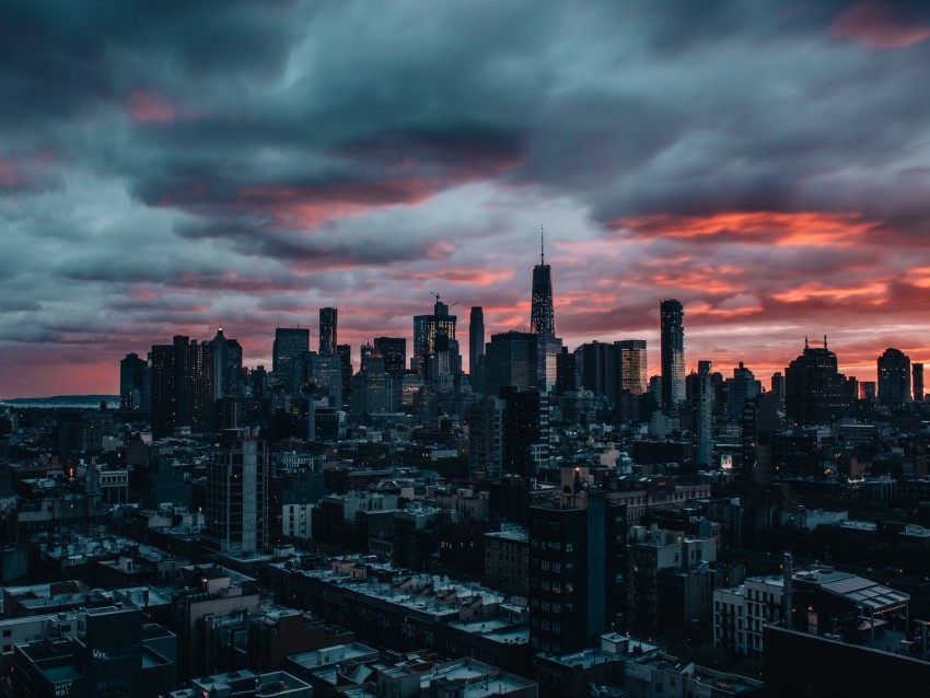 Skyscrapers Twilight City Clouds New York Background