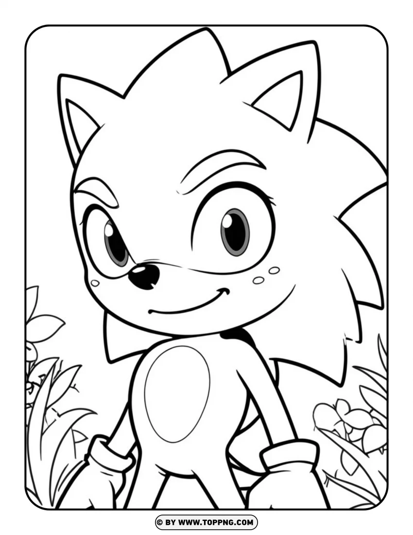 Smiling Sonic The Hedgehog In Forest Scene Coloring Page PNG Transparent Background