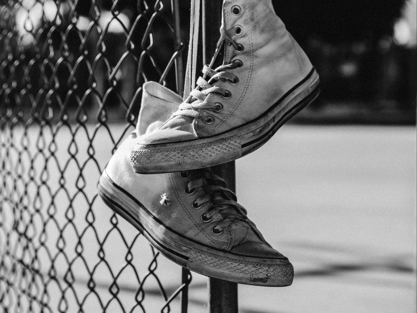 Sneakers Shoes Bw Mesh Fence Background