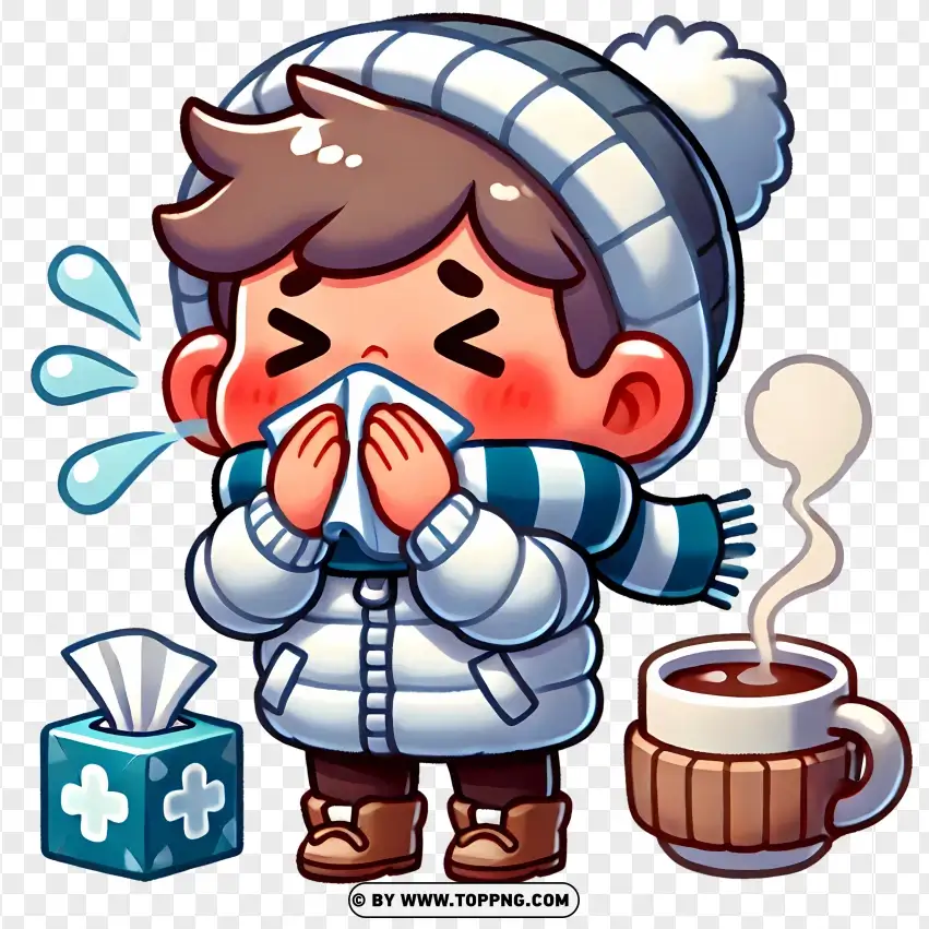 Cartoon Boy Sneezing And Drinking Hot Tea PNG Transparent Background