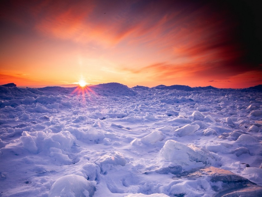 Snow Winter Sunset Horizon Ice Background