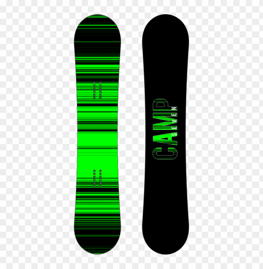 Green and black striped snowboard from Camp Seven on a transparent background.