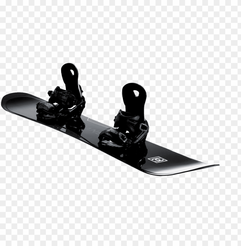 Black snowboard with bindings on a transparent background.