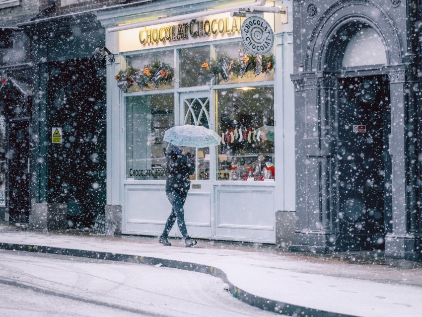 snowfall, man, buildings, street, walk