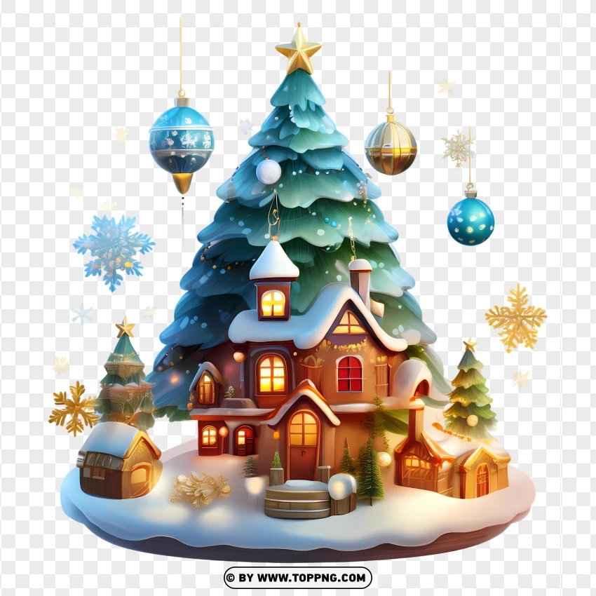 Snowy Christmas Tree Clipart With Festive House And Ornaments PNG Transparent Background