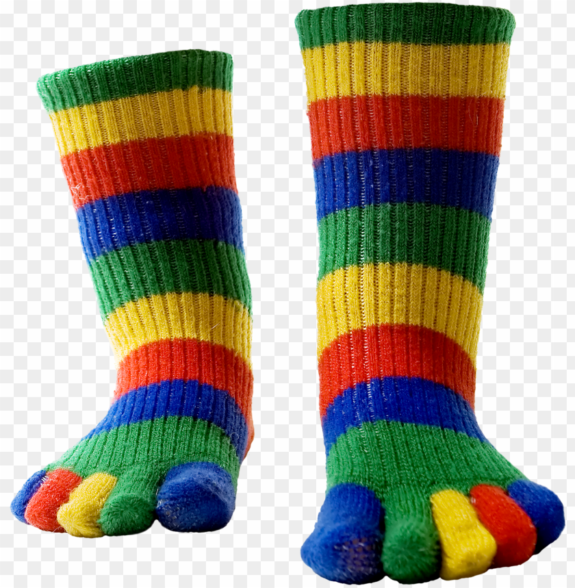 Colorful striped toe socks in green, red, yellow, and blue on a transparent background