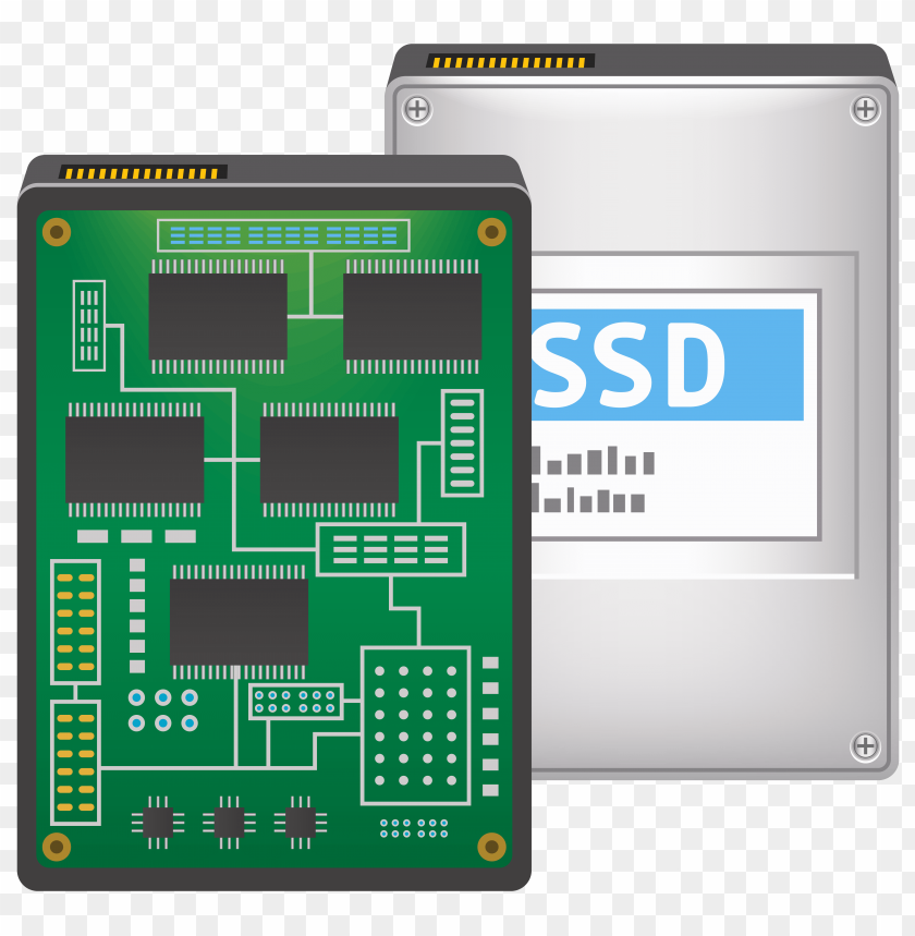 Illustration of a solid-state drive (SSD) with printed circuit board detail.