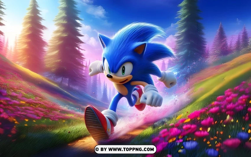 Sonic Sprinting In A Flower Field PNG Transparent Background