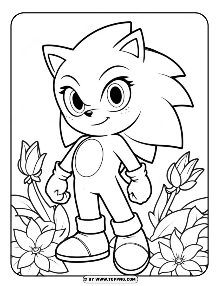 Sonic The Hedgehog In A Flower Garden Coloring Page PNG Transparent Background