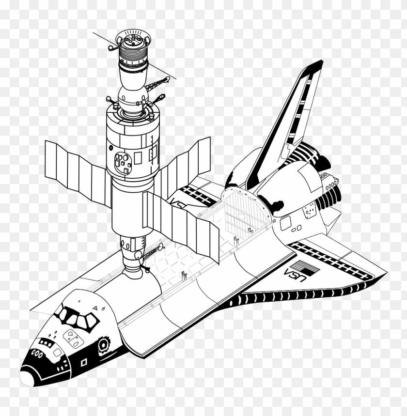 Illustration of a space shuttle with a space station model on to PNG