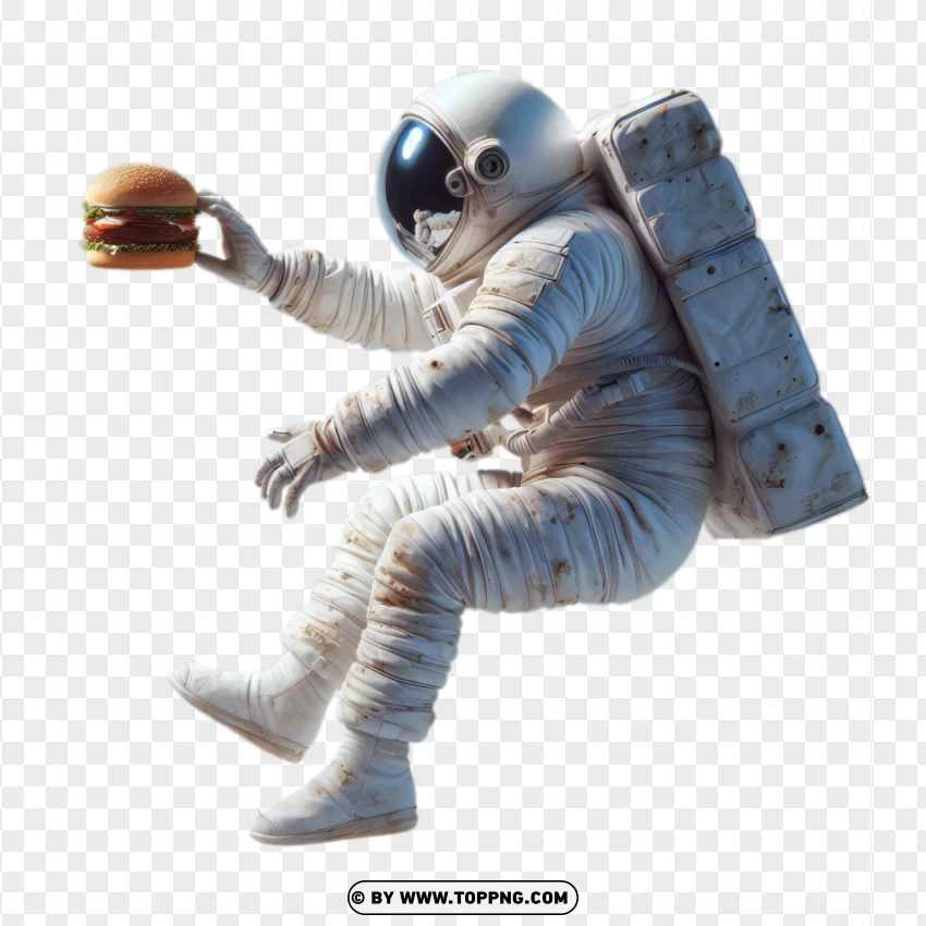 Side view of a floating astronaut holding a burger in space png