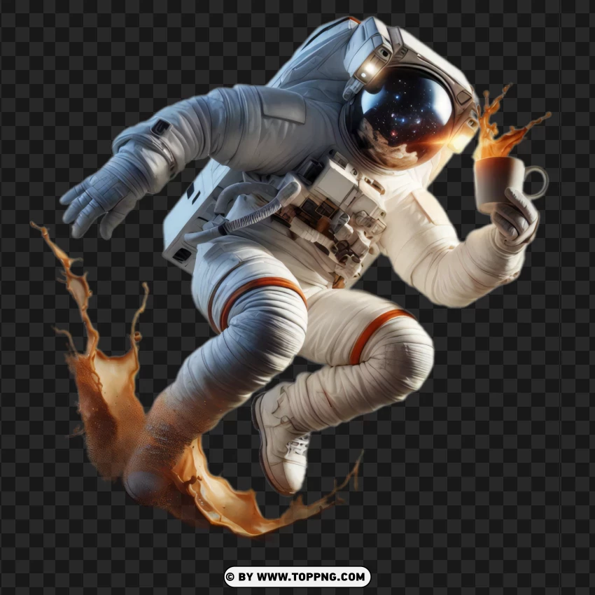 Astronaut jumping with a coffee splash in zero gravity Png