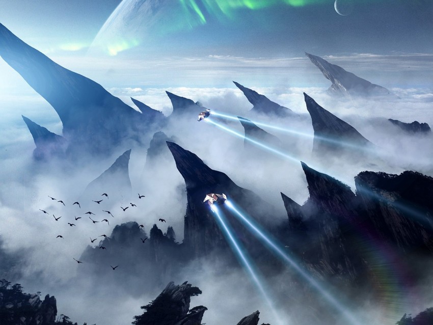 Spaceship Rocks Landscape Extraterrestrial Birds Shine Aurora Fog Background