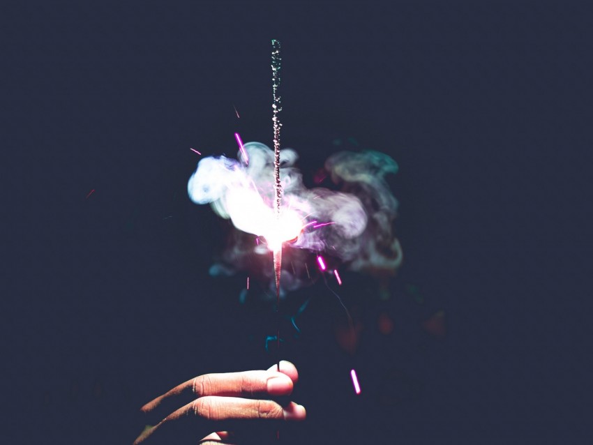 sparkler, spark, smoke, hand, dark